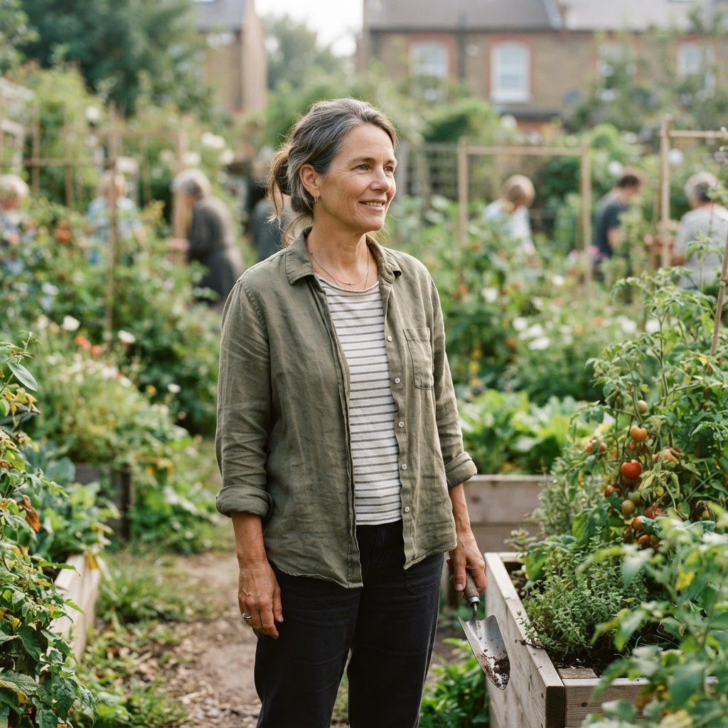 A woman in her fifties standing in a community garden in soft morning light