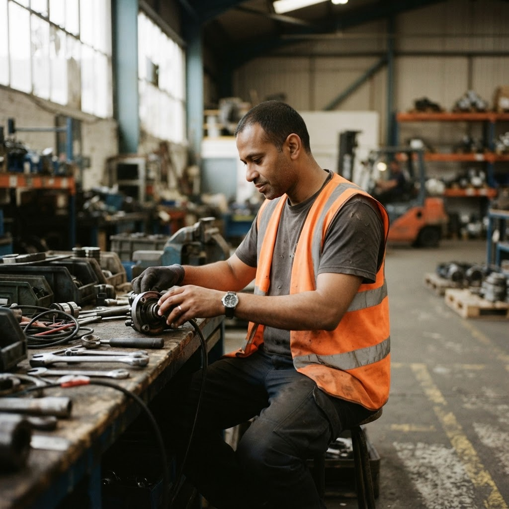 A worker in a high-visibility vest repairing a part at a workbench in a light-industrial facility