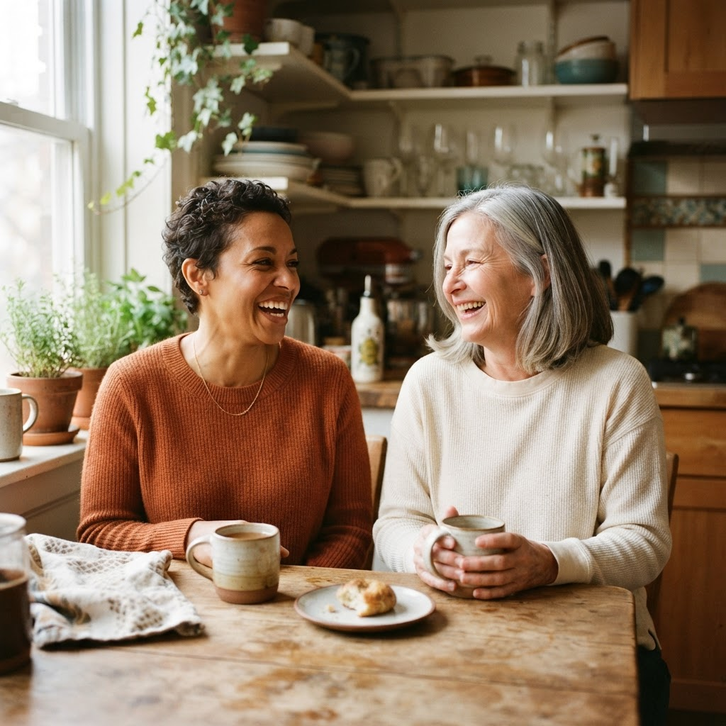 Two women laughing together over coffee at a sunlit kitchen table